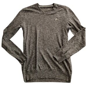 AEO American Eagle Mens Charcoal Gray Heather V-Neck‎ Cotton Sweater Small Logo